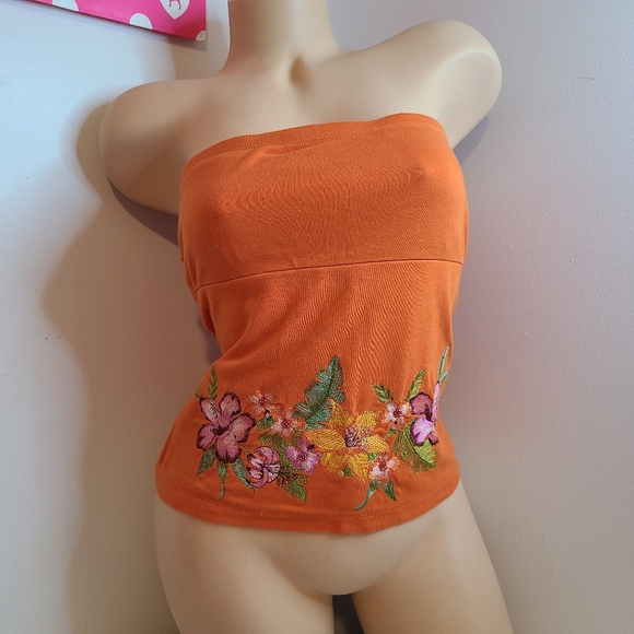 VTG Express Tropical Embroidered Cotton Tube Top Size Lg Orange - Picture 1 of 5